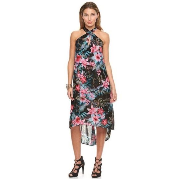 Jennifer Lopez Cross-Front Halter Dress Black Floral-SIZE LARGE - Picture 1 of 9